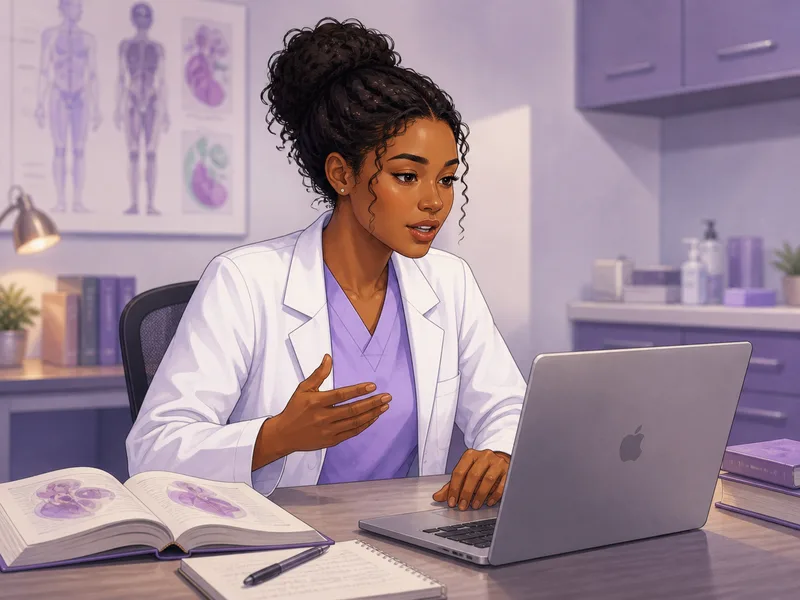 Illustrated medical students speaking toward a computer
