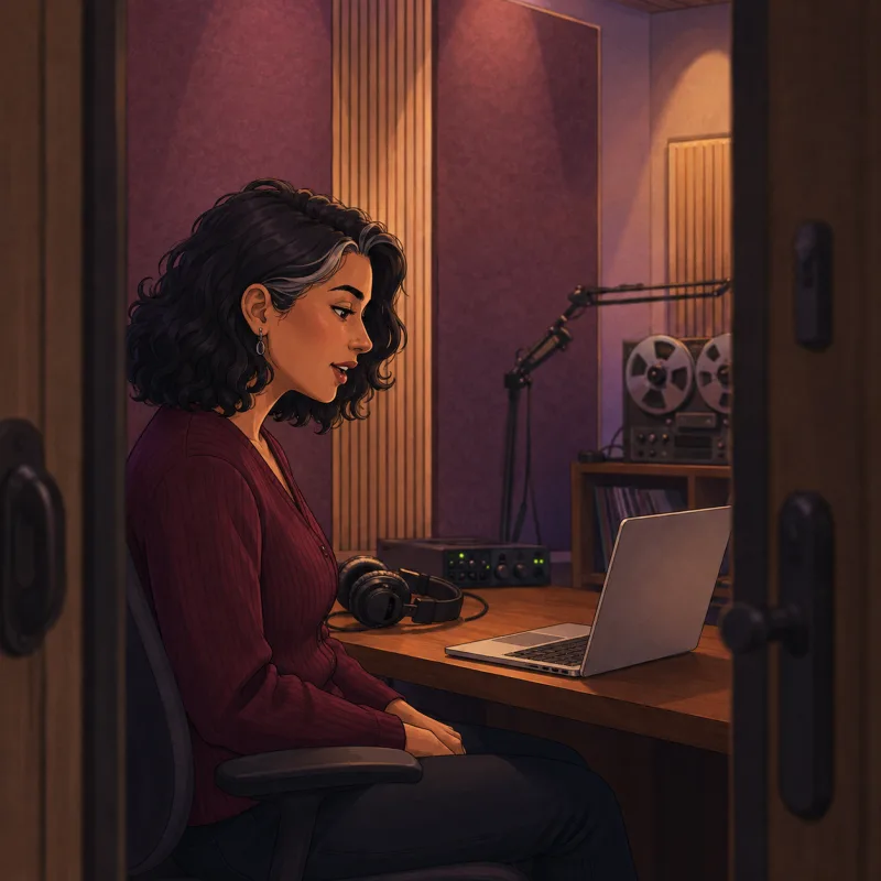 Illustrated podcasters speaking toward a computer