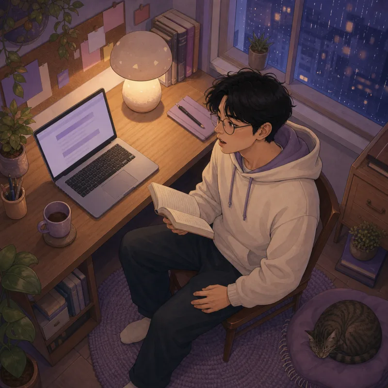 Illustrated students speaking toward a computer